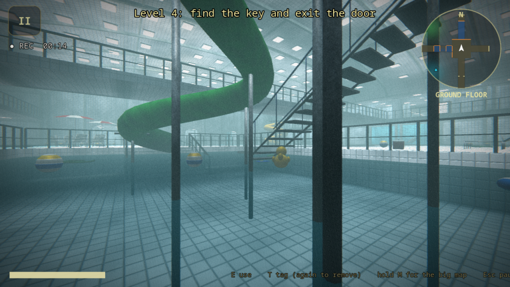 The Poolrooms in NOCLIP by 1900xd, with a slide, stairs and an upper gallery. Desktop gameplay capture from the Android project.