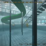 The Poolrooms in NOCLIP by 1900xd, with a slide, stairs and an upper gallery. Desktop gameplay capture from the Android project.