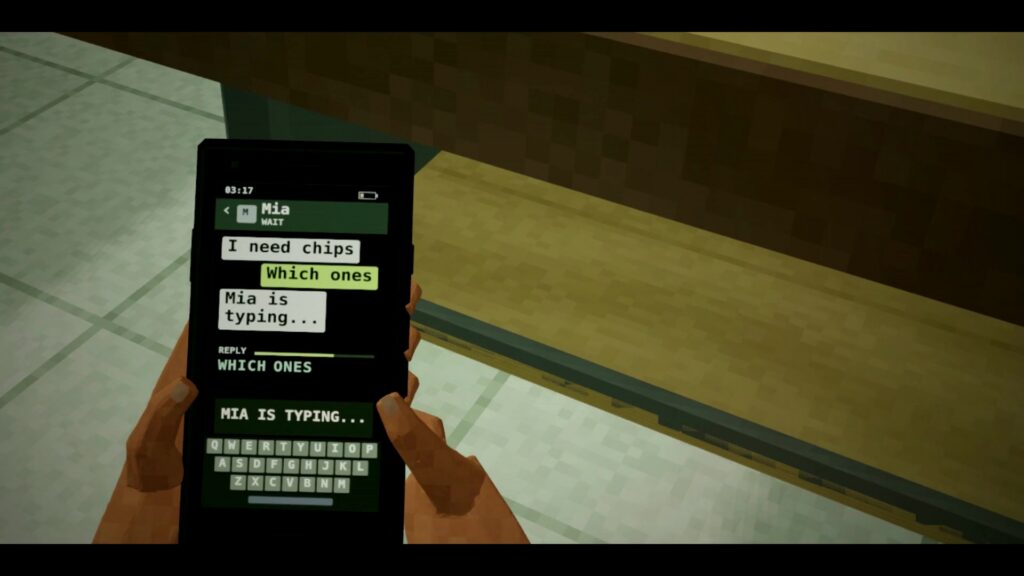 First-person gameplay: secretly replying to a phone message under a classroom desk.
